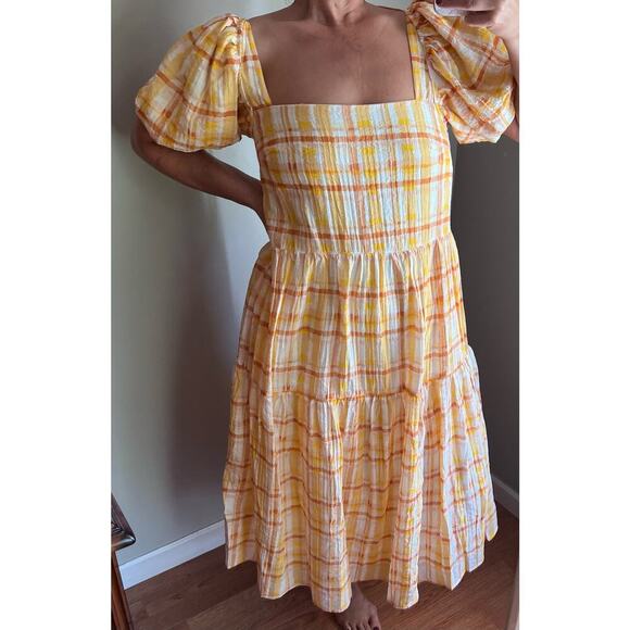 Astr The Label Anthropologie IIana Puff Sleeve Prarie Yellow Plaid Dress - Picture 10 of 17